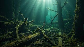 Un paisaje submarino oscuro con numerosos troncos y ramas de árboles sumergidos cubiertos de vegetación, iluminado por haces de luz solar que penetran el agua verdosa.