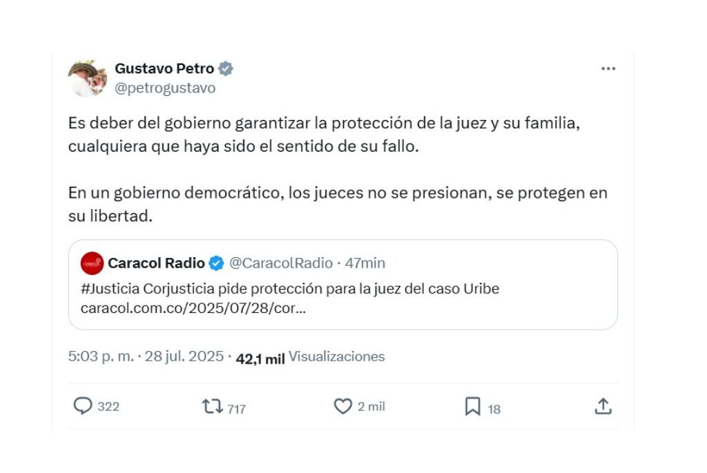 El presidente de la República, Gustavo Petro, se refirió sobre las actuaciones de la jueza Sandra Heredia y la necesidad de proteger su vida - crédito @petrogustavo/X