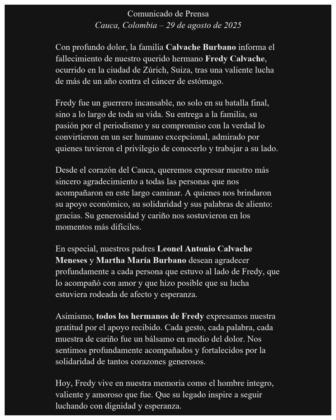 Fredy Calvache comunicado de la familia sobre su muerte - crédito redes sociales