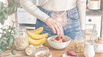 Persona preparando un bol de desayuno con avena, plátanos, fresas y anacardos; ilustración del intestino en el abdomen; cocina con plantas y utensilios.