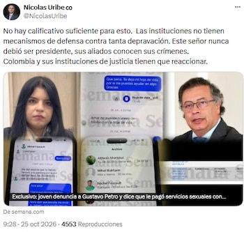 Nicolás Uribe pidió a la justicia actuar ante las denuncias contra Gustavo Petro - crédito @NicolasUribe/X