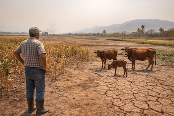 Un ganadero de espaldas mira un campo de maíz seco con tierra agrietada y tres vacas pardas en primer plano, bajo un cielo brumoso en Centroamérica.