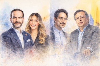 Una ilustración de estilo acuarela presenta al presidente electo Abelardo de la Espriella junto a su vocera Carolina Gómez, y en otro panel al presidente Gustavo Petro con el senador Iván Cepeda - crédito