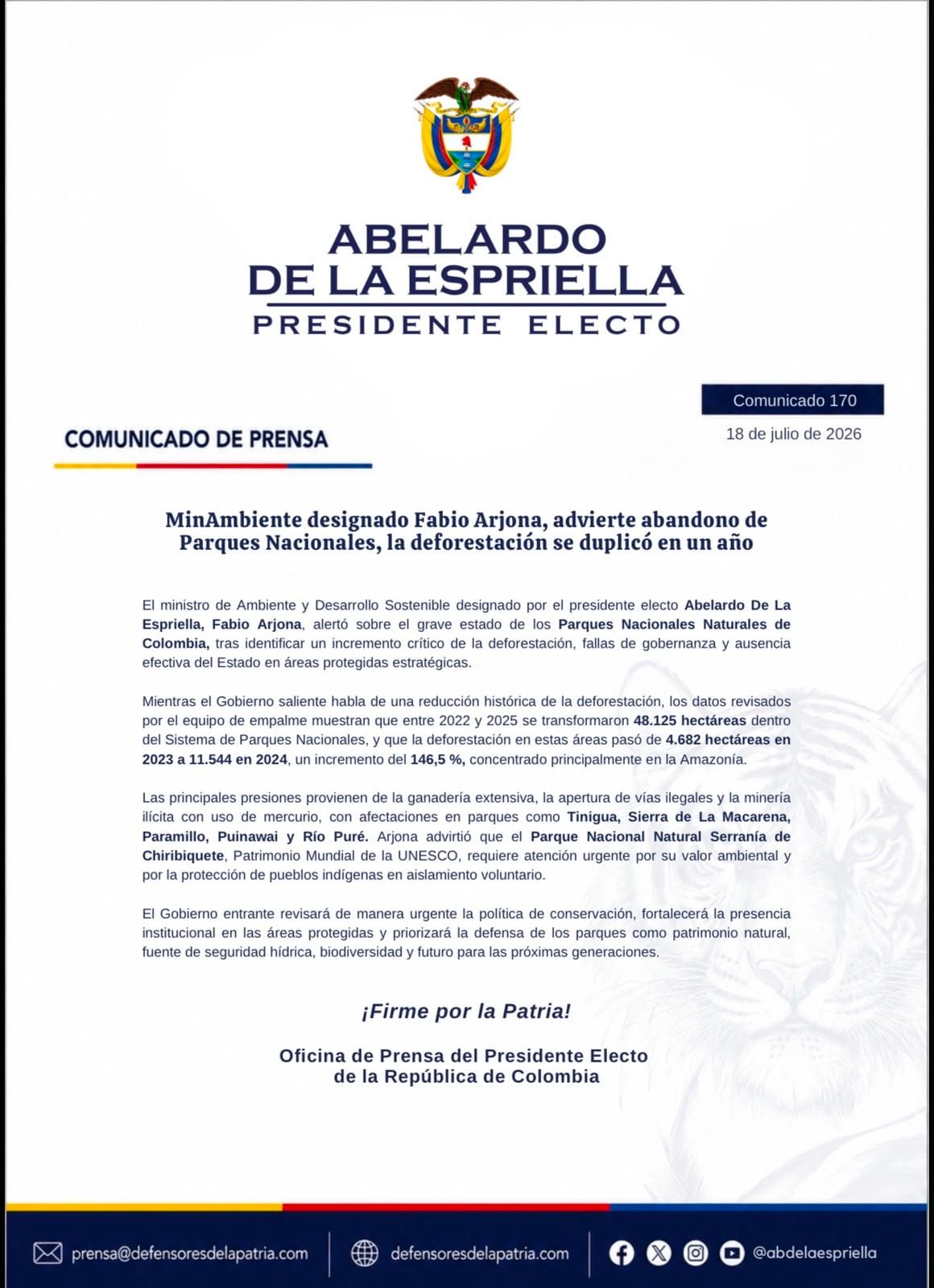 Este fue el comunicado del ministro de Agricultura designado, Indalecio Dangond - crédito Defensores de la Patria