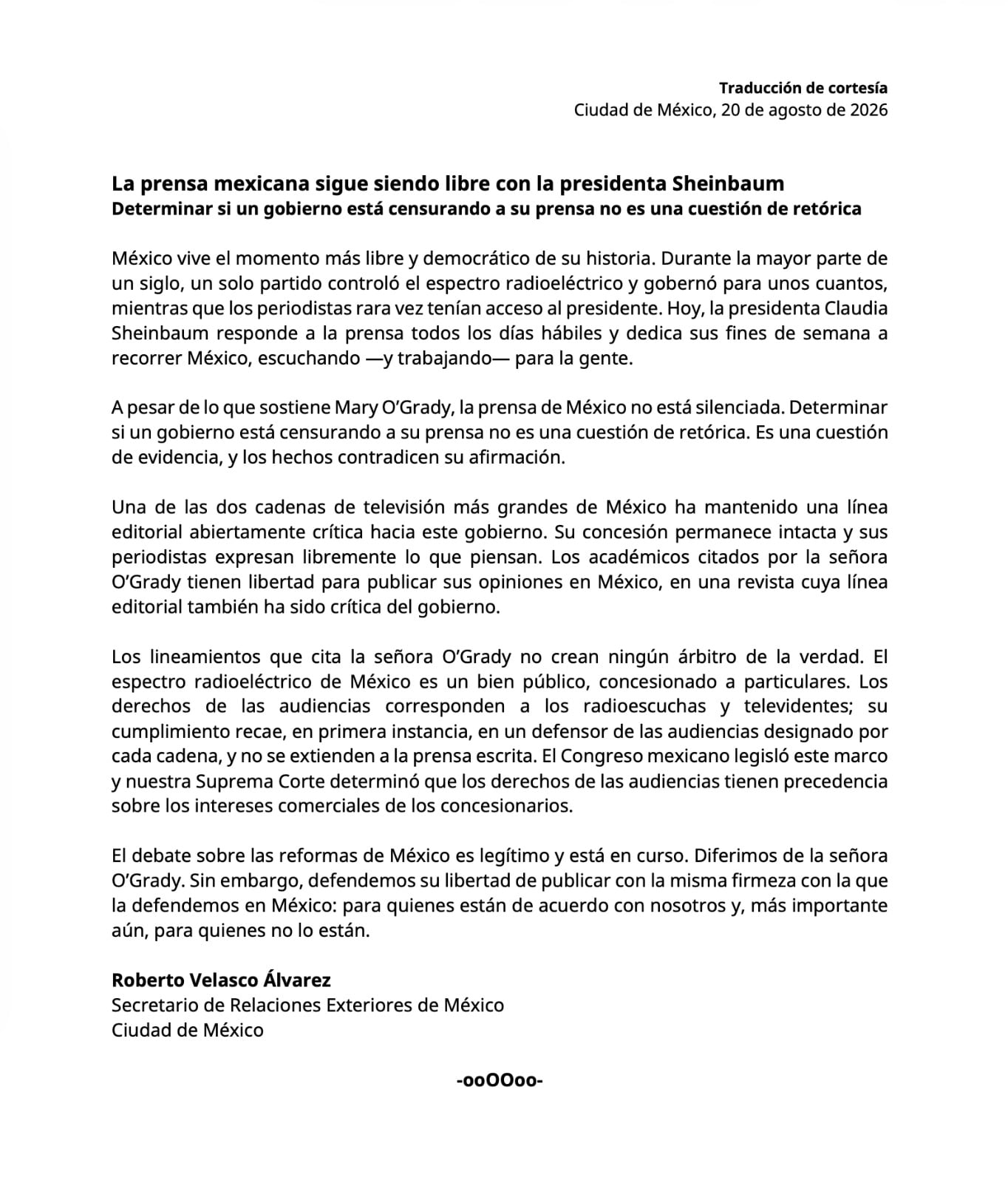 Comunicado de Roberto Velasco. (captura de pantalla)