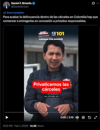 Daniel Briceño plantea privatización de cárceles en Colombia ante avance del crimen en centros penitenciarios - crédito @Danielbricen