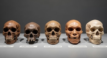 Cinco cráneos de especies Homo: habilis, erectus, heidelbergensis, neandertales y sapiens, alineados en una mesa con sus etiquetas de identificación.