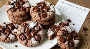 Plato blanco con varias galletas veganas de chocolate, cubiertas con trozos de chocolate y azúcar glas, sobre una mesa de madera, con una hoja de receta a un lado.