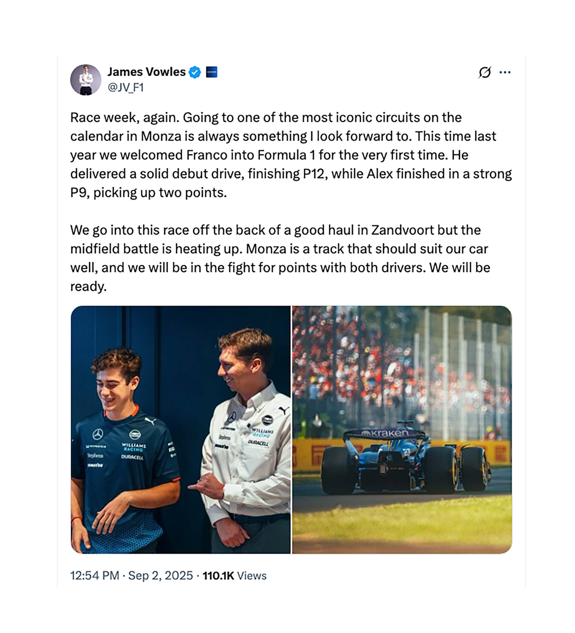 El mensaje de James Vowles a Franco Colapinto a días de volver al GP de Monza