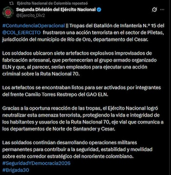 Las autoridades informaron que los artefactos explosivos fueron fabricados de manera artesanal con material tipo R-1 - crédito @Ejercito_Div2/X