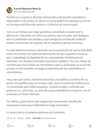 Francia Márquez reconoció victoria de Abelardo de la Espriella