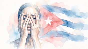 Ilustración en acuarela de una mujer que cubre su rostro con ambas manos junto a la bandera de Cuba sobre un fondo blanco.
