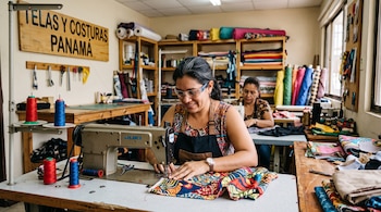 Una mujer con gafas cose una tela en una máquina industrial en un taller con estantes llenos de rollos textiles y otra costurera detrás.