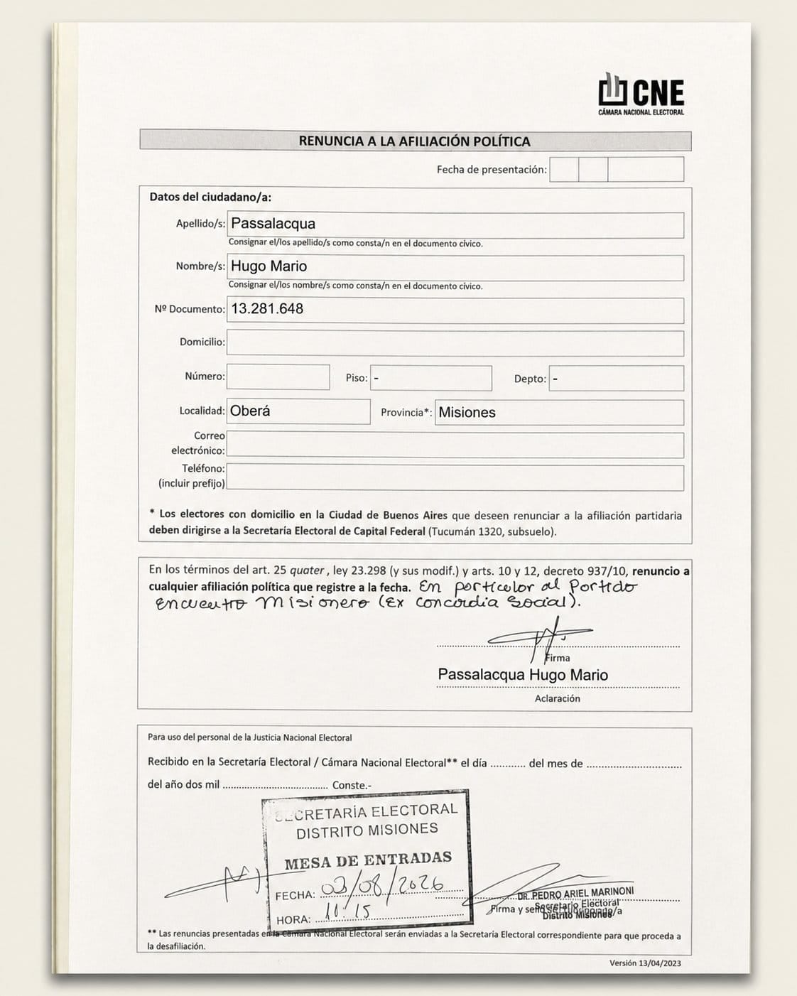 La carta que Passalacqua envió a la Cámara Nacional Electoral