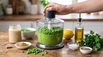 Um processador manual com ervilhas e purê. Ao redor: tahine, alho, cominho, limão, azeite, sal, pimenta e salsa.