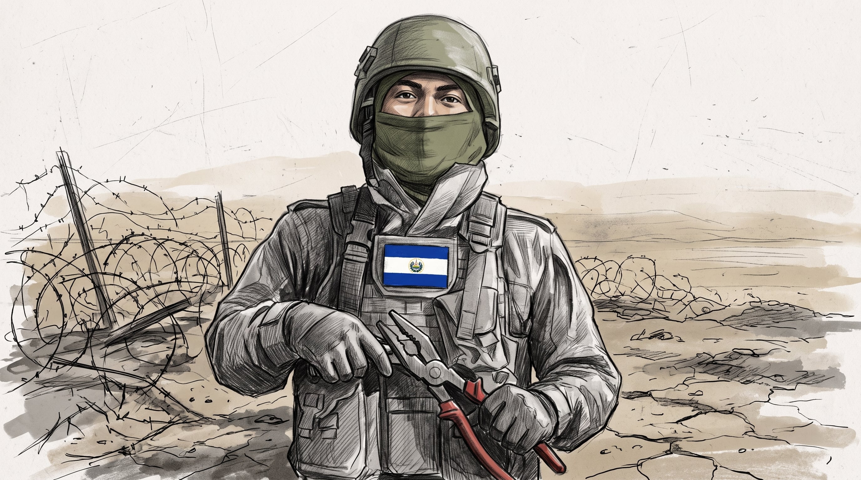 Un soldado con la bandera de El Salvador en su chaleco táctico sostiene unas tenazas frente a un terreno con alambradas de espino. (Imagen Ilustrativa Infobae)