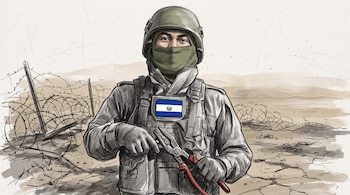 Dibujo de un soldado con casco, pasamontañas y la bandera salvadoreña, sosteniendo unas tenazas ante alambradas de espino.