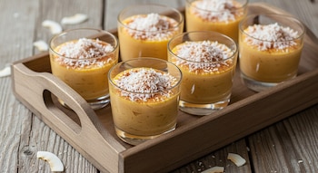 Seis vasitos de natilla de camote y coco, con coco rallado y canela espolvoreada, sobre una bandeja rústica de madera. Hay trozos de coco en la mesa de madera.
