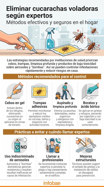 Infografía con ilustraciones sobre cebos, trampas adhesivas, aspirado y ácido bórico para la eliminación de cucarachas en el hogar.