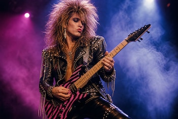 Guitarrista con cabello abultado, maquillaje y chaqueta de cuero toca una guitarra eléctrica a rayas sobre un escenario con luces.