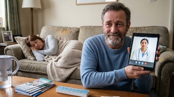 Un hombre con barba sonríe mientras sostiene una tableta mostrando una videollamada con una doctora; en el fondo, una mujer descansa en un sofá.