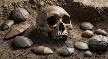 Un cráneo humano antiguo parcialmente enterrado en tierra rodeado de diez herramientas de piedra de diferentes formas y tamaños sobre un suelo rocoso.