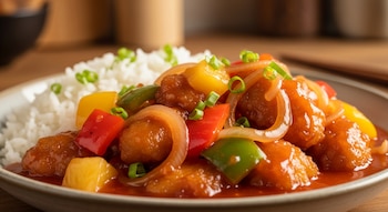 Un plato de pollo en salsa agridulce con pimientos, piña, cebolla, arroz blanco y cebollino picado, sobre una superficie de madera.