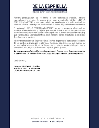 La firma aseguró que esperó una rectificación antes de pronunciarse públicamente - crédito @DELAESPRIELLALa/ X