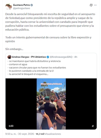 El exmandatario denunció que recorrió el aeropuerto Ernesto Cortissoz sin el acompañamiento del personal de seguridad - crédito @petrogustavo/X