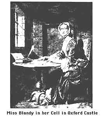 Ilustración de Mary Blandy sentada en una mesa, con un tintero y pluma, en una celda con una ventana enrejada