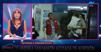 Juan Víctor sale de comisaría mientras Andrea San Martín sigue detenida. Captura: Magaly TV La Firme.