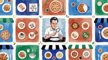 Ilustración cenital: Richard Feynman mira con lupa un plato en el centro, rodeado de ecuaciones. Alrededor, una cuadrícula de 16 casillas con diversos platos de comida.