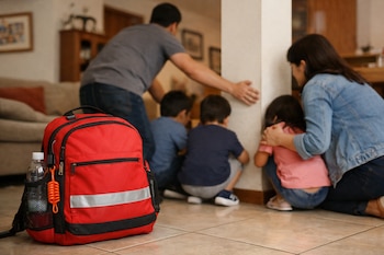 Mochila de emergencia roja con botella de agua. Detrás, dos adultos y tres niños se agachan junto a una columna en un hogar.