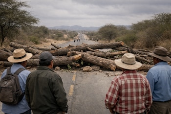 Cuatro agricultores con sombreros observan desde atrás una carretera rural bloqueada por troncos y rocas, con más personas y un paisaje árido al fondo.