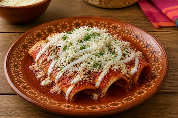 Plato de barro con tortillas bañadas en salsa roja, cubiertas con queso rallado, crema, cebolla y cilantro sobre una mesa de madera.