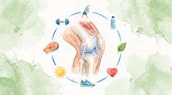 Ilustración de una rodilla con pesas, filete de salmón, sol, zapatilla de deporte, corazón, hoja verde, botella de agua y persona estirándose.