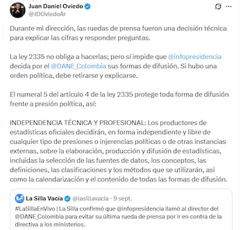 Oviedo sostuvo que las cifras públicas no deberían difundirse sin un canal de interlocución que permita aclarar dudas y ejercer control social - crédito @JDOviedoAr/X
