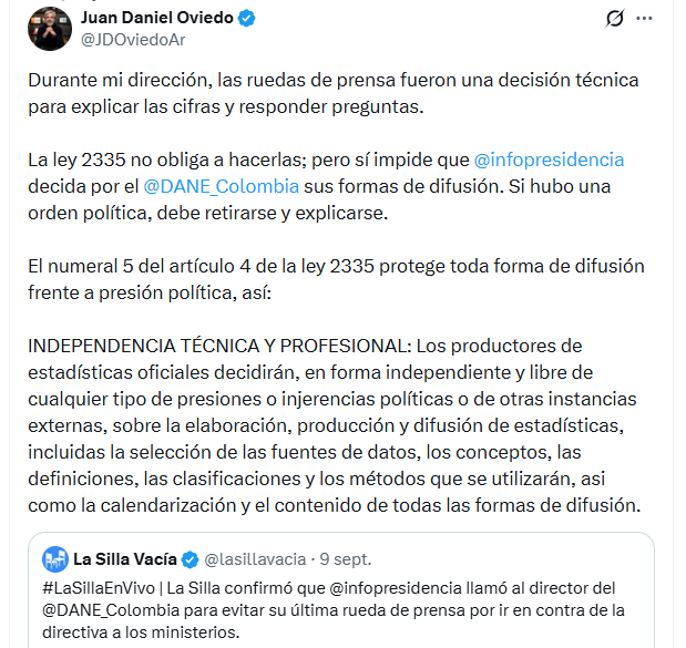 Oviedo sostuvo que las cifras públicas no deberían difundirse sin un canal de interlocución que permita aclarar dudas y ejercer control social - crédito @JDOviedoAr/X