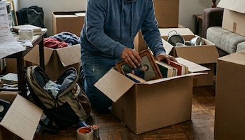 Hombre joven empacando libros y una foto en una caja de cartón sobre un piso de madera, rodeado de múltiples cajas de mudanza en una habitación