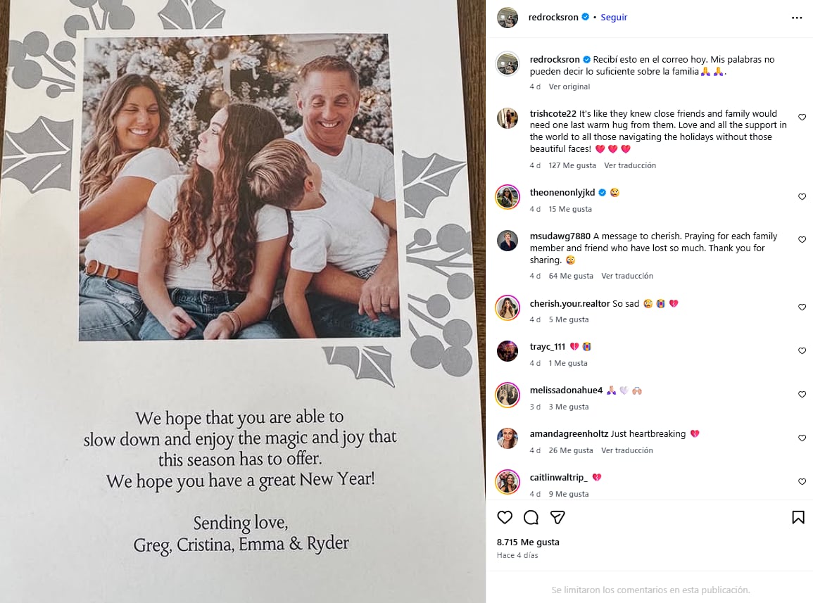 Empezaron a llegar las tarjetas navideñas enviadas por la familia de Greg Biffle antes de morir en un accidente aéreo (captura de Instagram)