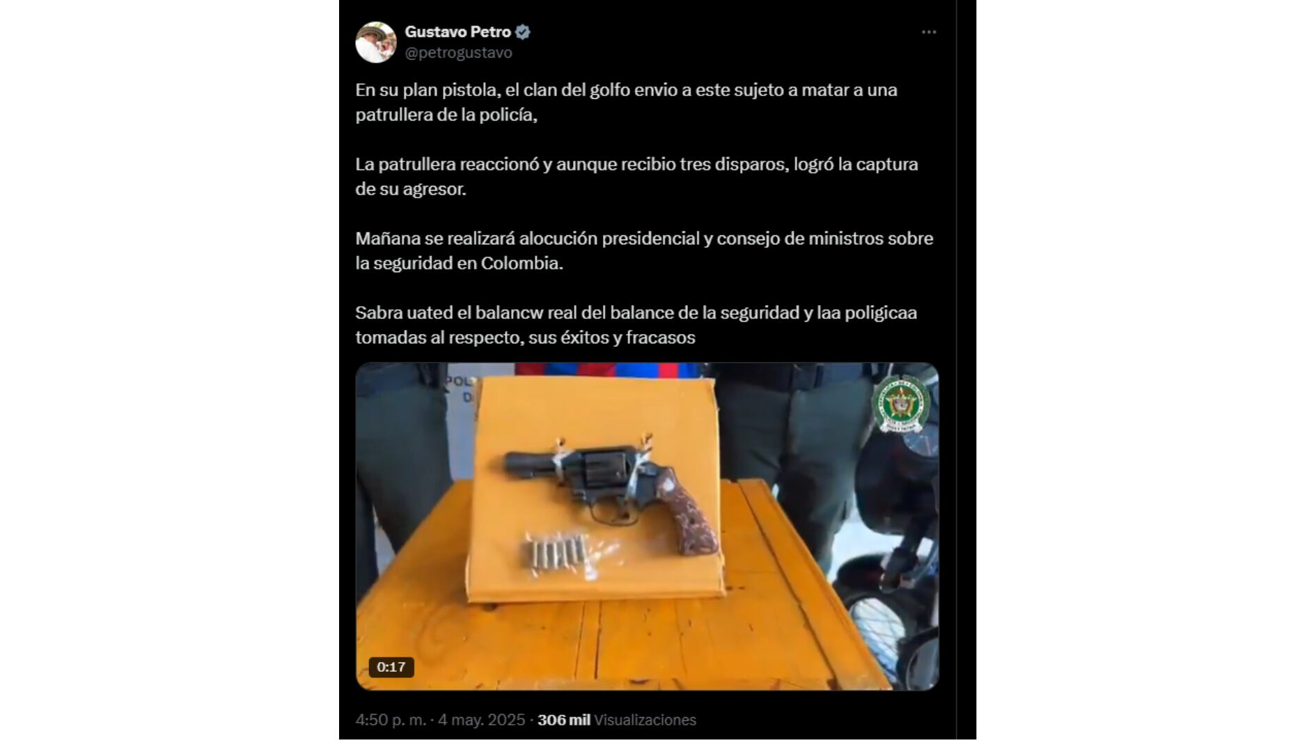 El presidente de Colombia aseguró que el caso era parte del plan Pistola dispuesto por el Clan del Golfo en el país, y que dejó más de 20 uniformados asesinados en todo el territorio nacional - crédito @petrogustavo/X