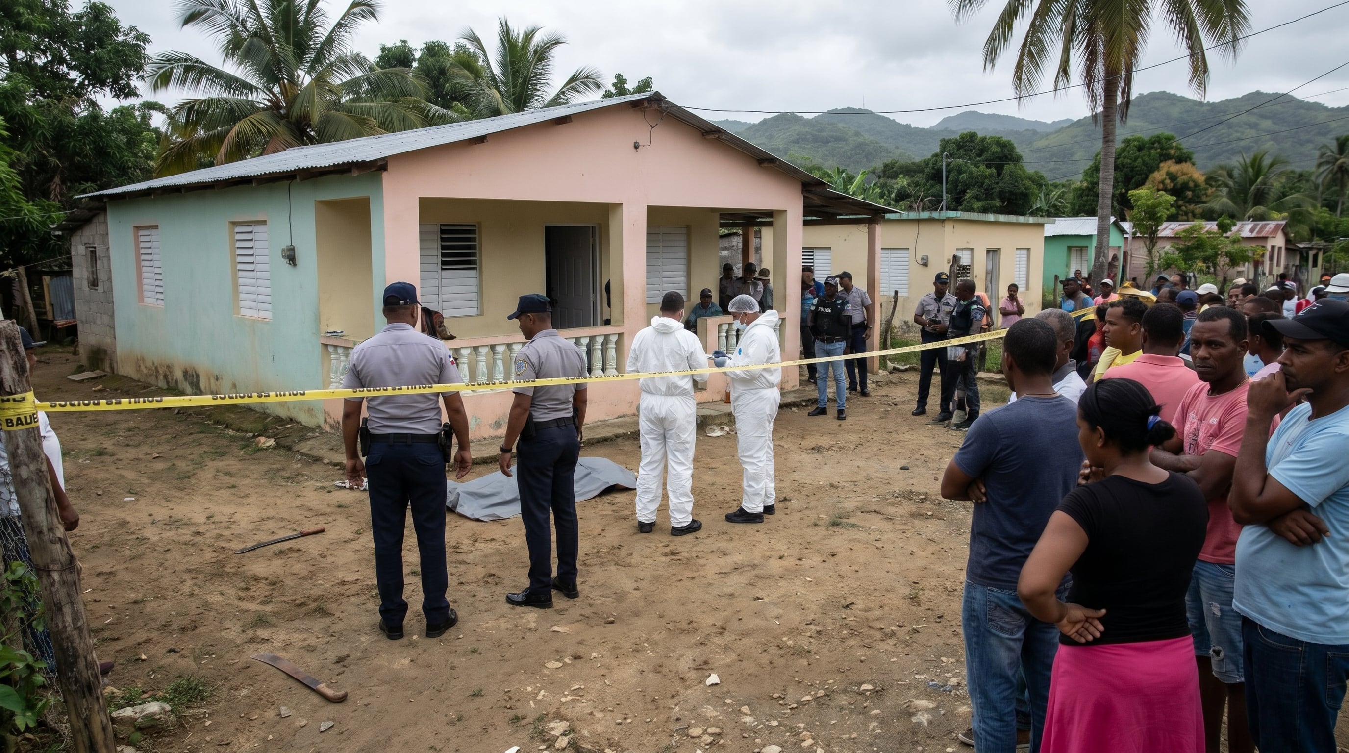Autoridades y equipos forenses investigan la escena de un homicidio en la República Dominicana, donde un suegro presuntamente quitó la vida a su yerno a machetazos, mientras una multitud observa. (Imagen Ilustrativa Infobae)