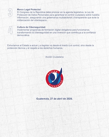 Captura de pantalla de un documento digital sobre la crisis de ciberseguridad en Guatemala, mostrando texto en español y un botón de 'continua'