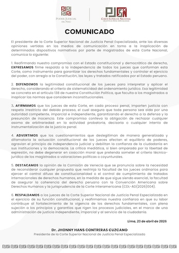 Pronunciamiento de Jhonny Contreras, presidente de la Corte Superior Nacional de Justicia Penal Especializada. Foto: Poder Judicial