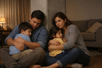 Cuatro personas, dos adultos y dos niños, sentados en el suelo, abrazándose junto a una columna de concreto en el interior de una sala.