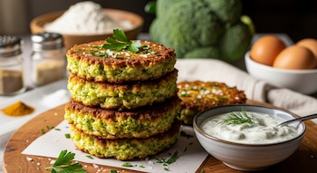Primer plano de tortitas de brócoli doradas y verdes apiladas en una tabla de madera, con hierbas y sal. Un tazón de salsa blanca con eneldo y una cuchara a un lado.