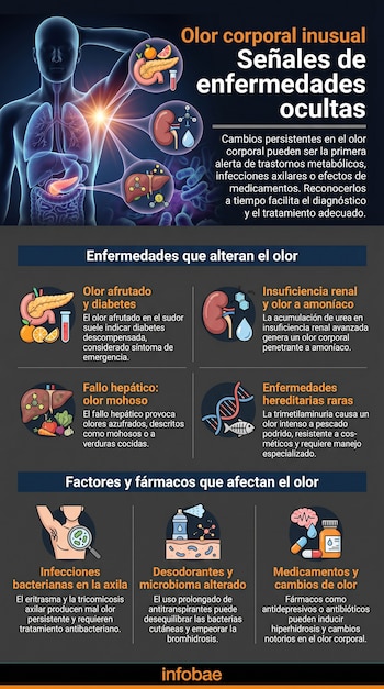 Infografía con silueta humana y seis iconos de órganos y factores, explicando el olor corporal inusual como señal de diversas enfermedades y causas.