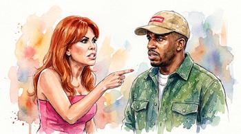 Ilustración en acuarela de Magaly Medina señalando a Jefferson Farfán, con Magaly luciendo un top rosa y Farfán una gorra beige y chaqueta verde.