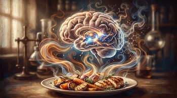 Ilustración digital de un plato de comida humeante con verduras y proteínas. El vapor asciende hacia un cerebro flotante y semitransparente con destellos eléctricos internos.