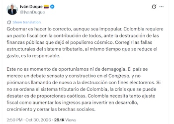 El exmandatario advirtió que no ordenar el sistema tributario podría desencadenar una crisis de proporciones caóticas y pidió que la iniciativa tenga un debate sensato y constructivo en el Congreso - crédito @IvanDuque/X